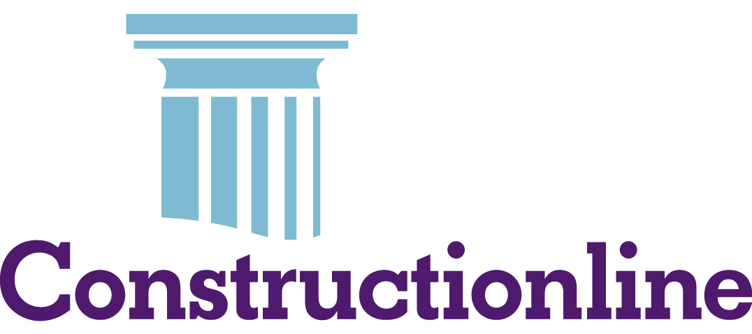 Constructionline logo - blue pillar coming out of purple text 